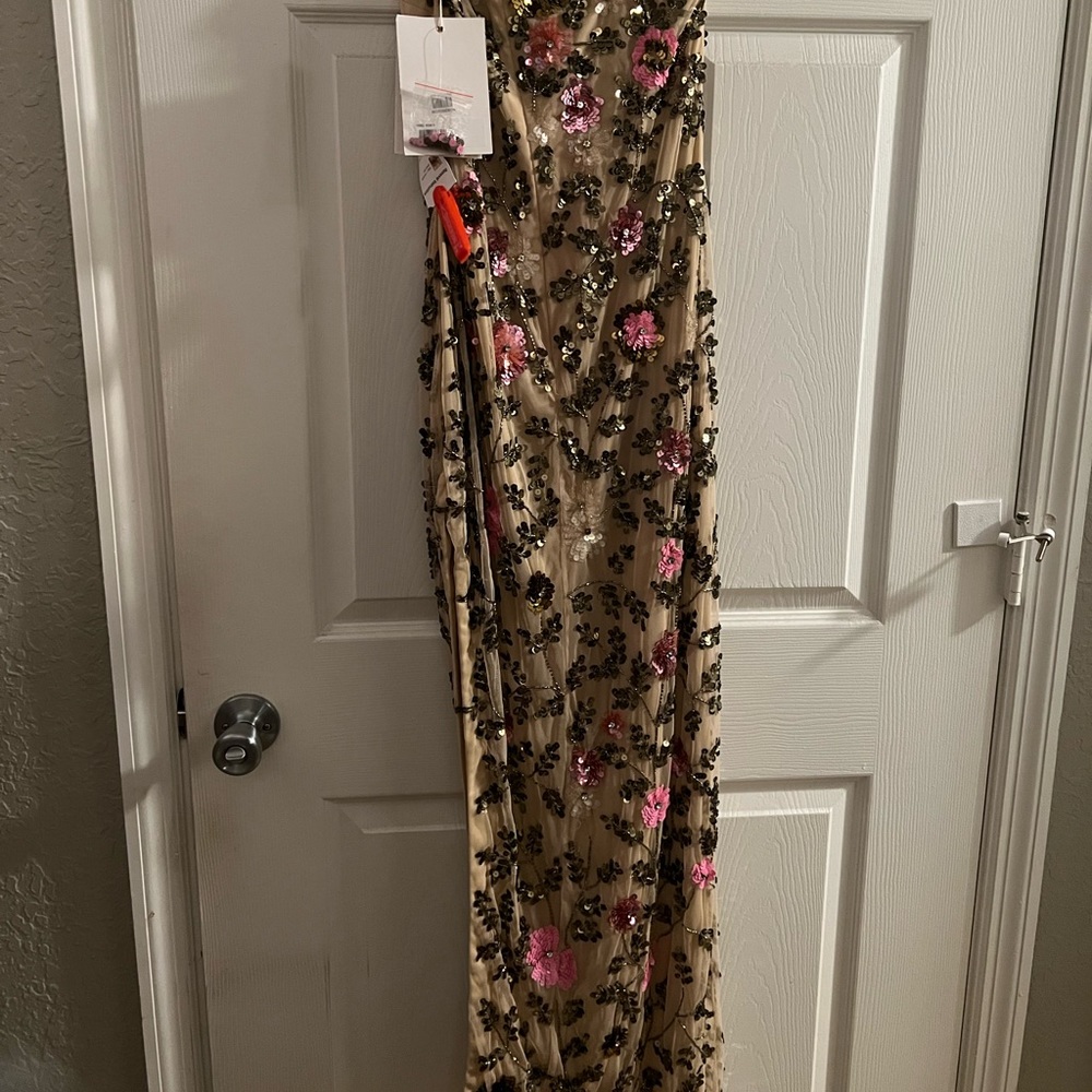 Long Mac Duggal  beaded gown with high slit